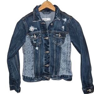 Abercrombie Kids Denim Jacket Distressed Patchwork Geometric Print Blue Size 14